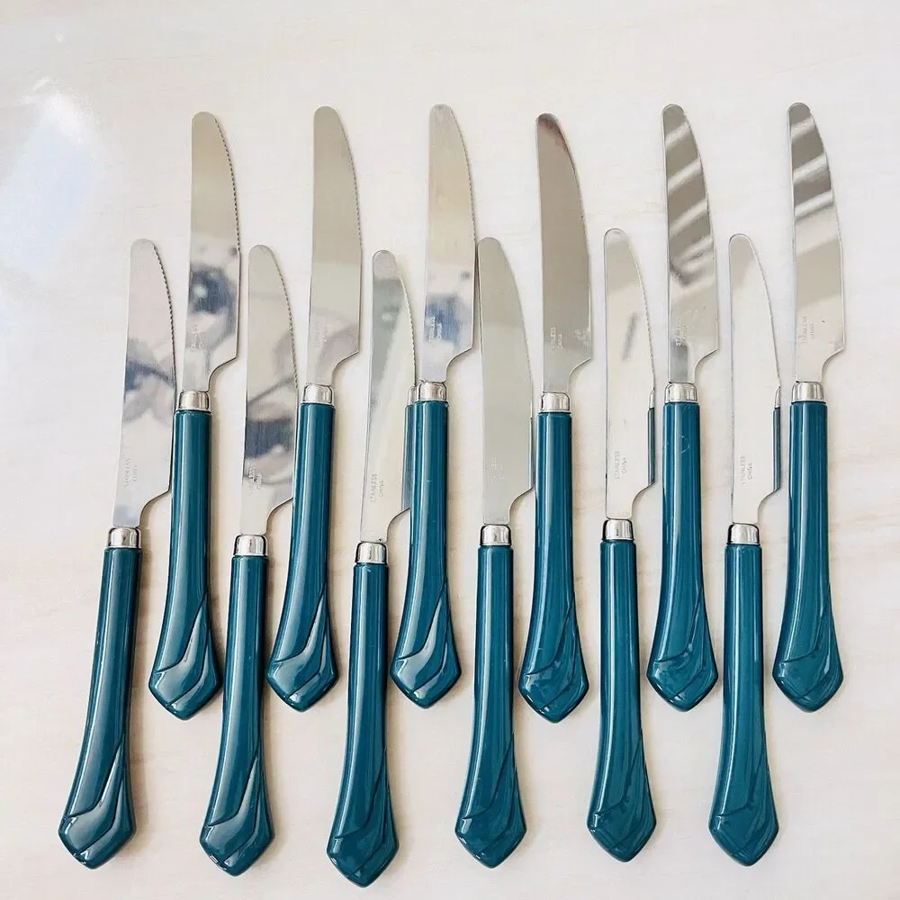 36pc Retro Green Plastic Handle Stainless Flatware Set For 12 Camping Picnic